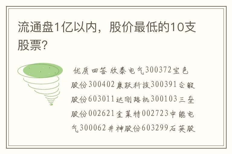 流通盘1亿以内，股价最低的10支股票？